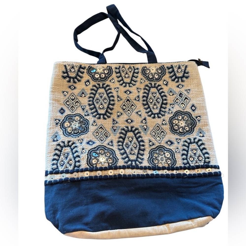 Embroidered Blue and Cream Tote Bag